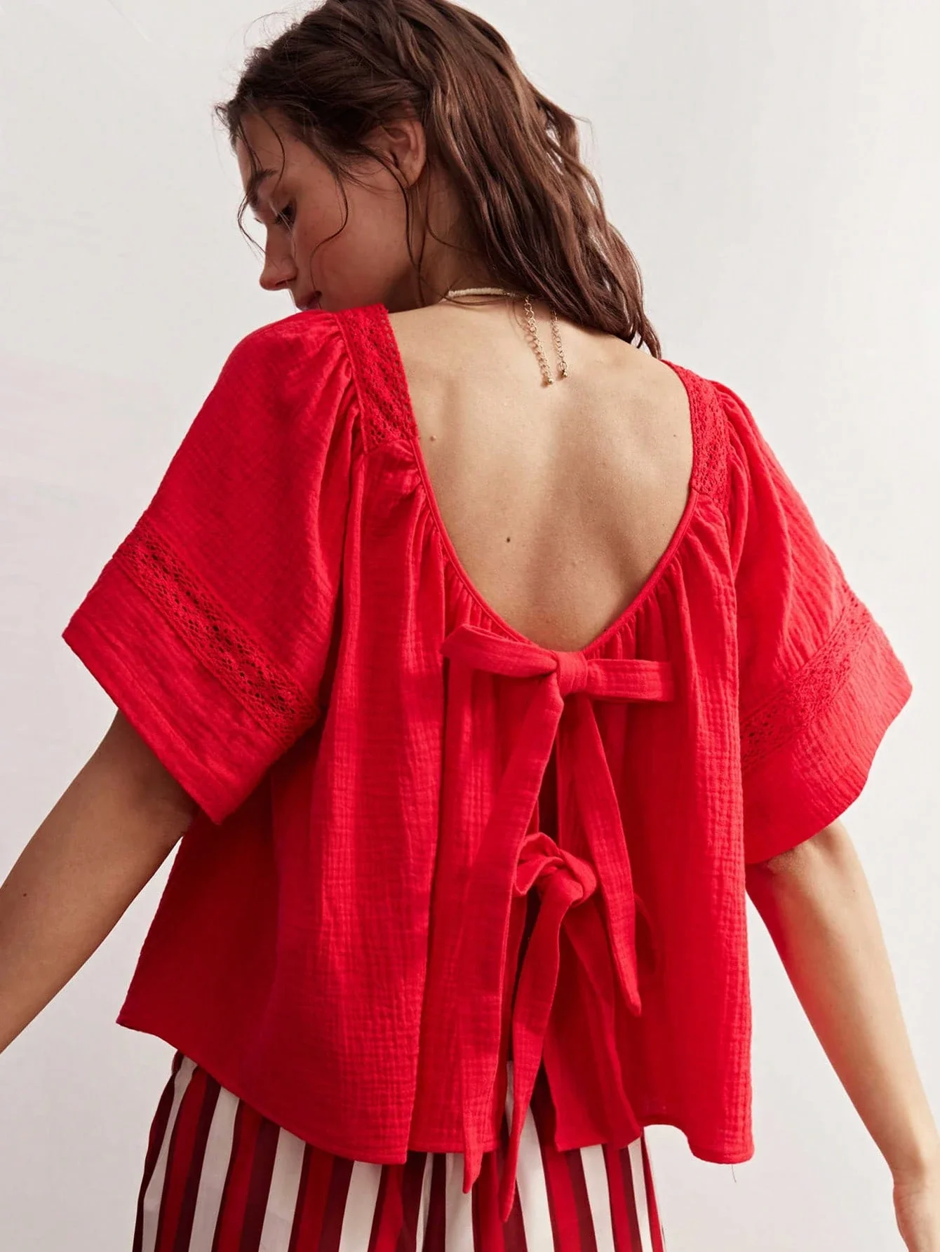 

Women's Bohemian Loose Woven Blouse With Bow Back And Lace Trim