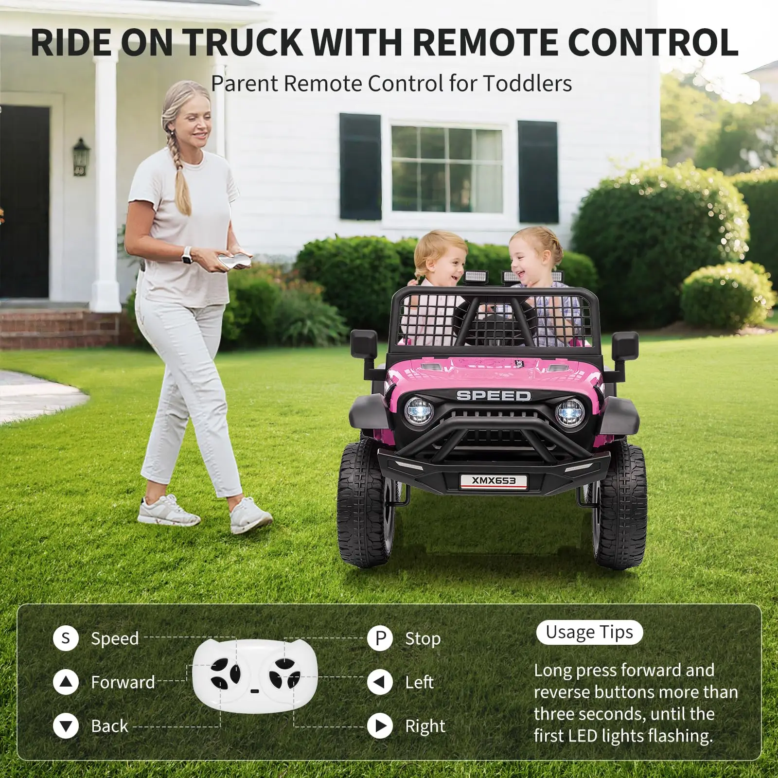 12V Kids Ride On Truck With Parent Remote, 3 Speeds, Wide Seat, LED Lights, Music USB MP3, Electric Car For Toddlers 3-6