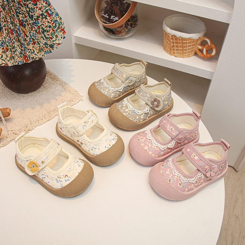 Toddler Casual Shoes Sweet Floral Kids Flat Shoes Toes Capped Soft Sole 2026 Brand New Baby Walking Shoes Non-slip Trendy