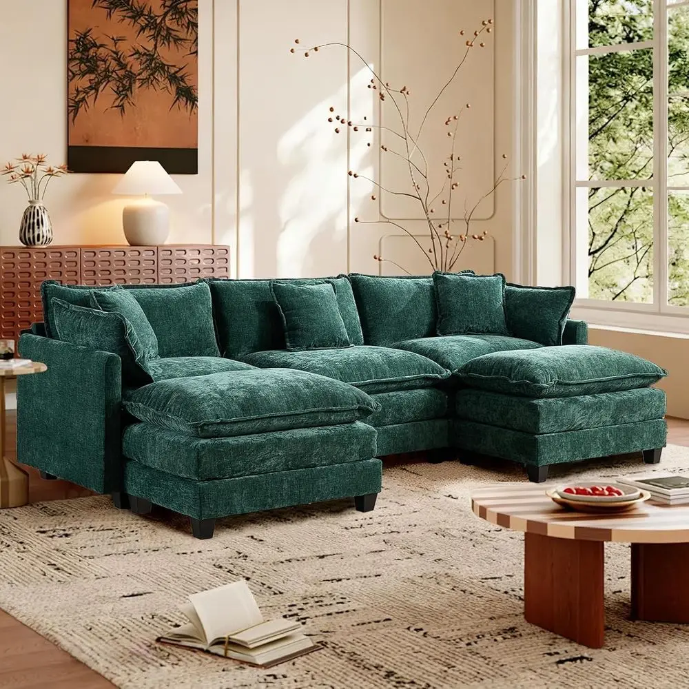 Green Chenille 3-Seat Sectional Sofa with 2 Ottomans and 5 Pillows for Living Room or Bedroom