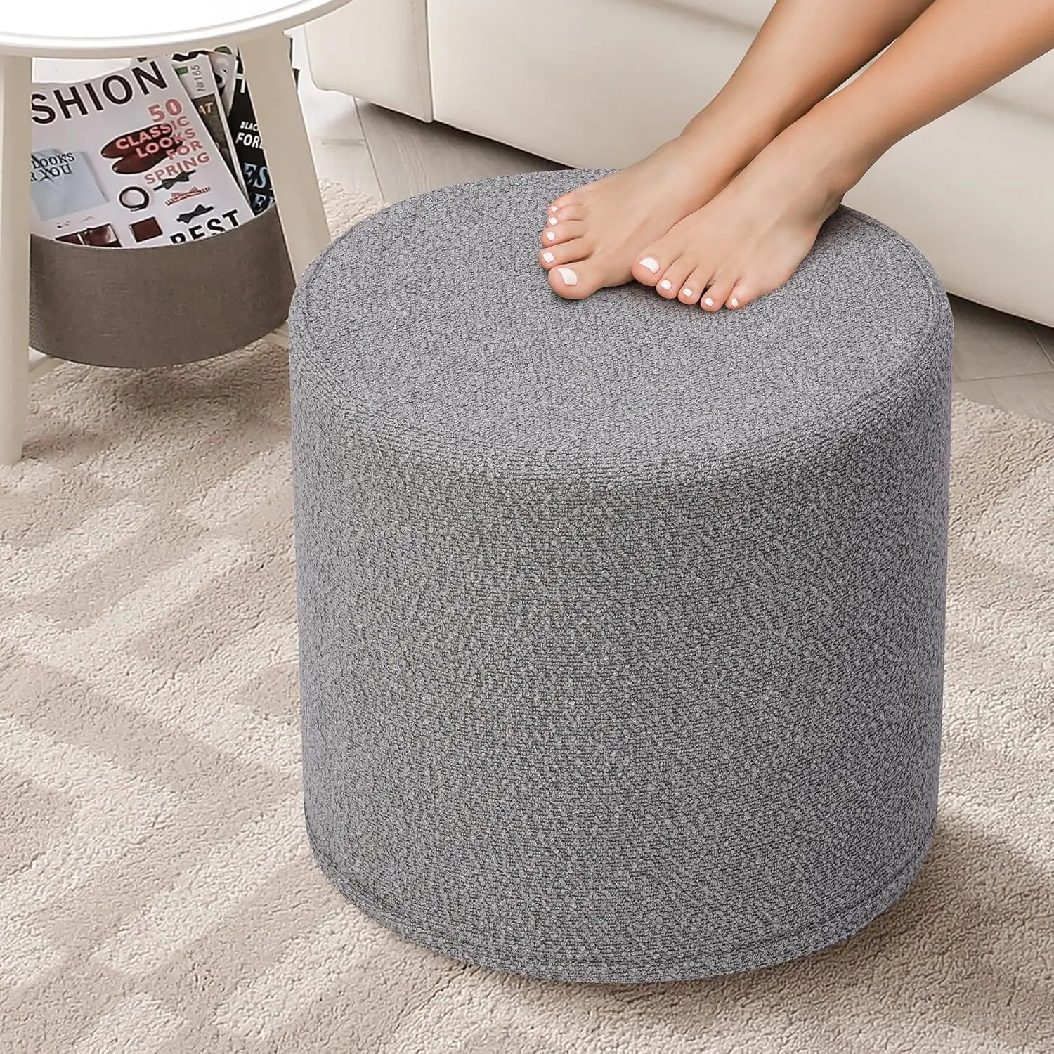 

Round Pouf Ottoman And Foot Rest, Soft Boucle Footstool Ottomans For Living Room, Comfort Foam Stuffed Poofs Perfect To Rest