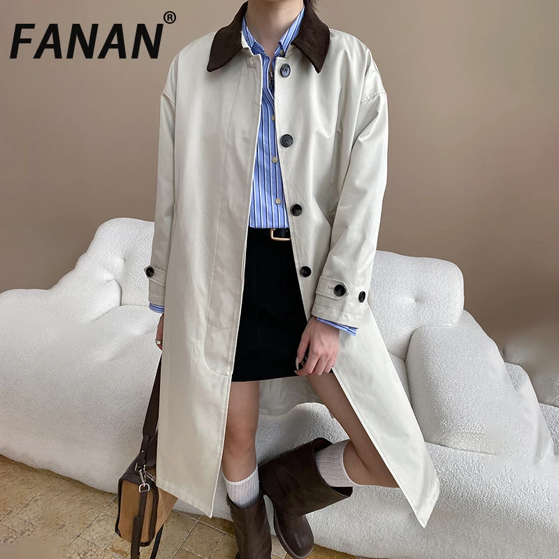 

FANAN/2023, осенний новый женский Тренч с лацканами, однобортный, контрастного цвета, длинная ветровка, темпераментные пальто, модная верхняя одежда