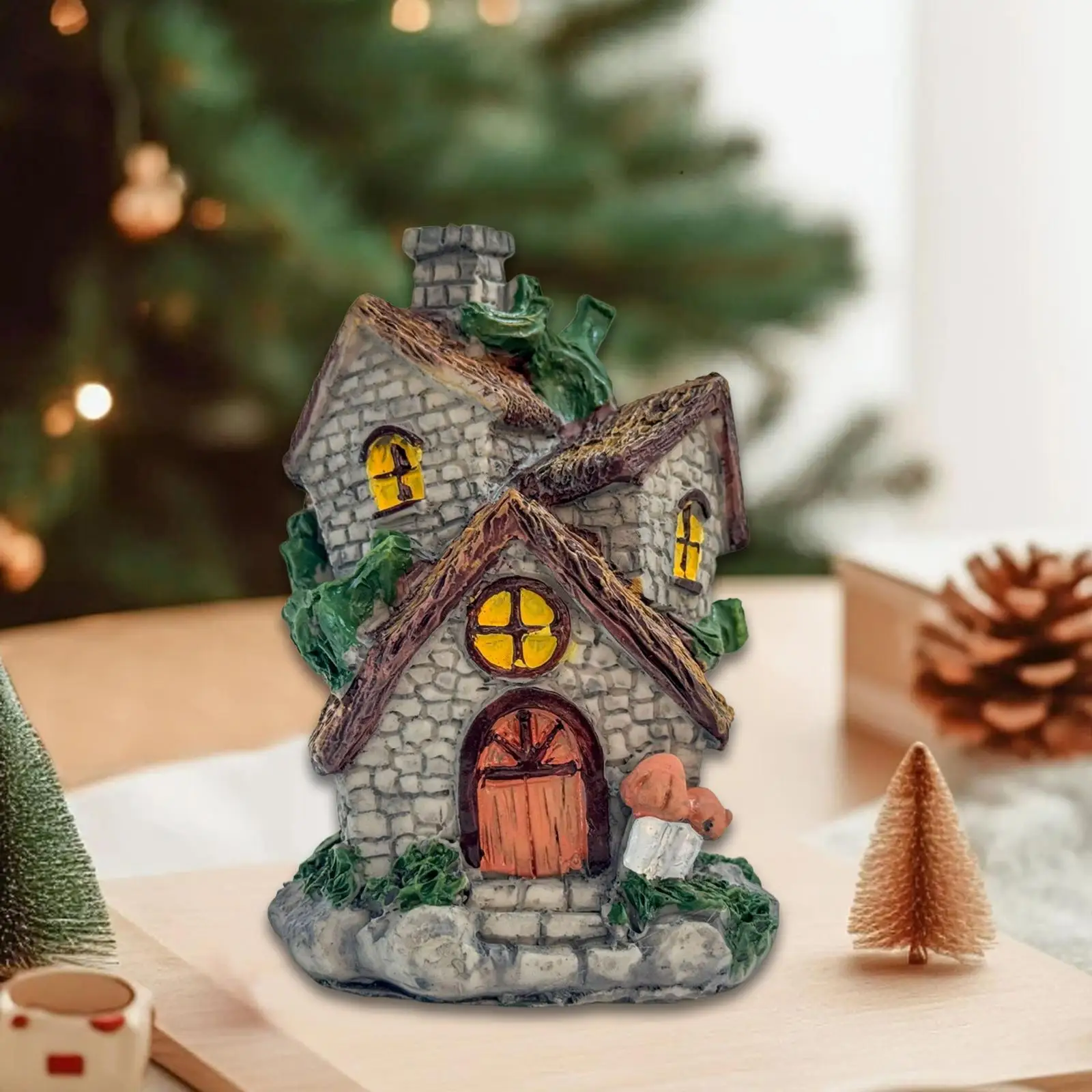 Christmas House Illuminated Town Scene Resin Figurine Collection Mini Tabletop Model for Festival Office Bedroom Party Wedding