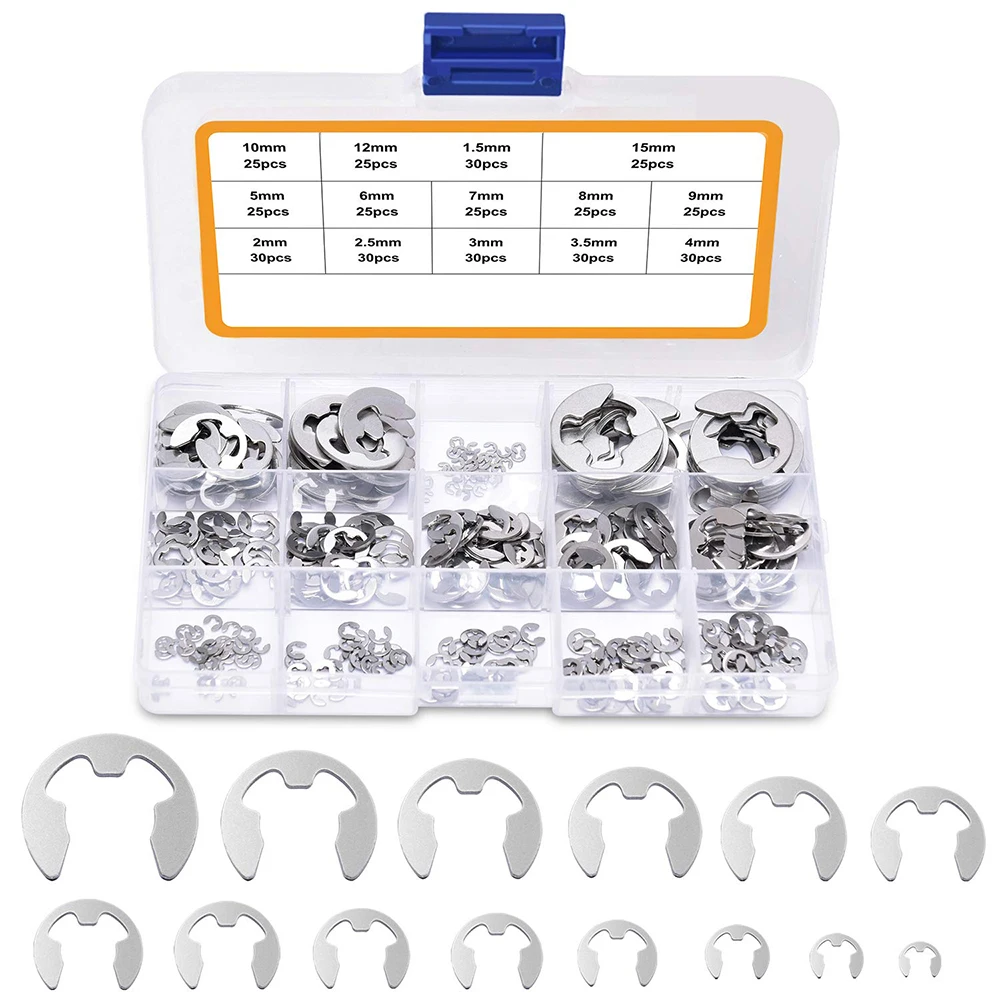 380 Stück E-Clip-Unterlegscheiben aus Edelstahl 304, sortiertes Kit, 1,5–15 mm Sicherungsring, externer Sicherungsring für Wellenbefestigung – Detail 1