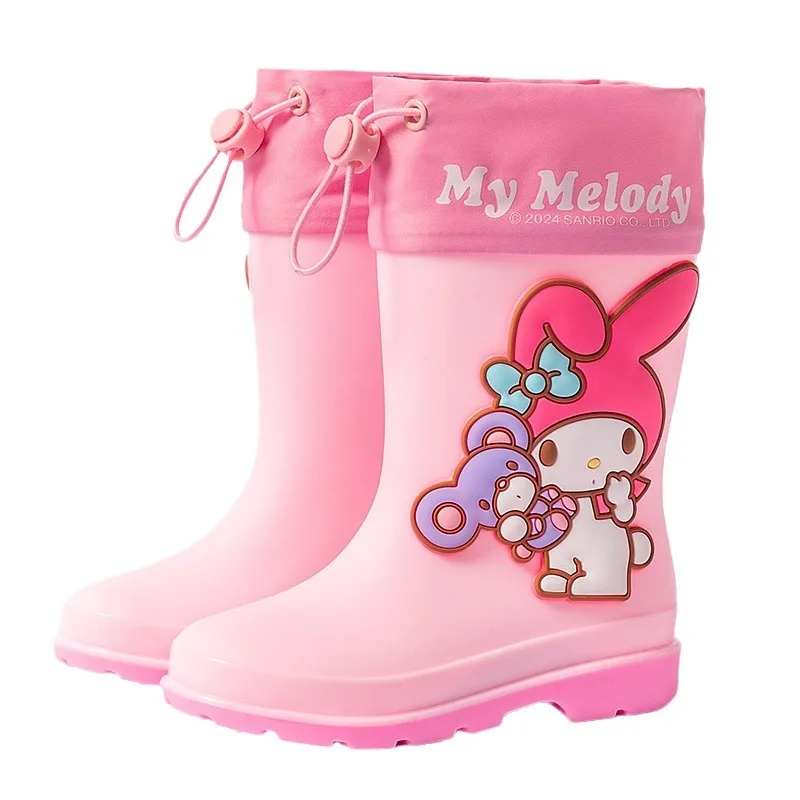 New Water Proof with Drawstring Beam Mouth Sanrios My Melody Kuromi Child Middle Tube Rain Boots Girl Student Rubber Boots