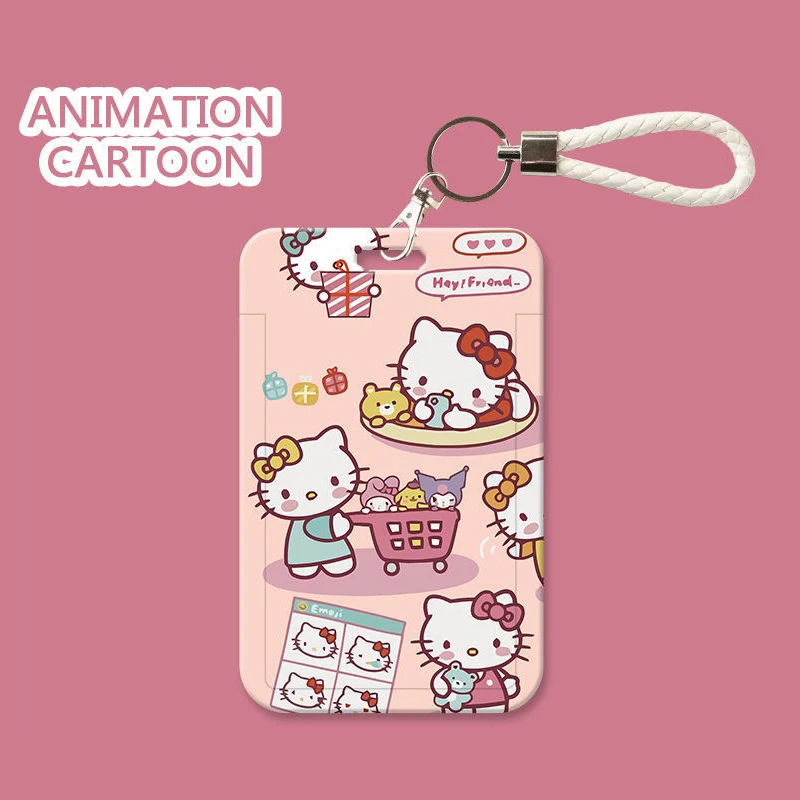 Sanrio Hello Kitty Card Cover Anti-lost Lanyard Keychain Card Holder Student Bus Photo Credit Bank Card Meal ID Card Sleeve