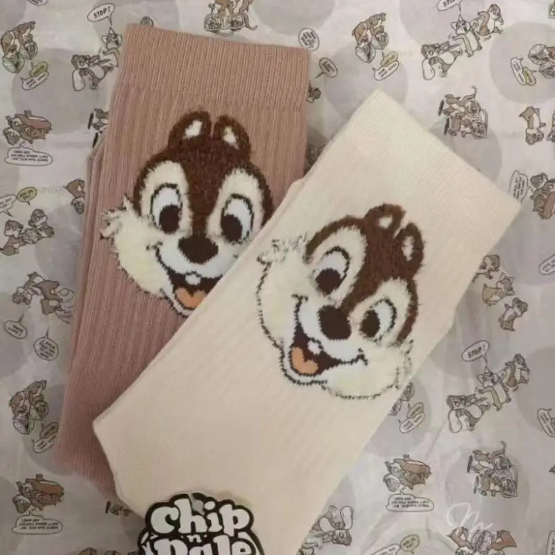 New Disney Anime Cartoon Kawaii Chip Dale Pure Cotton Socks Middle Tube Autumn Winter Plush Socks Ventilate Girl Brithday Gifts