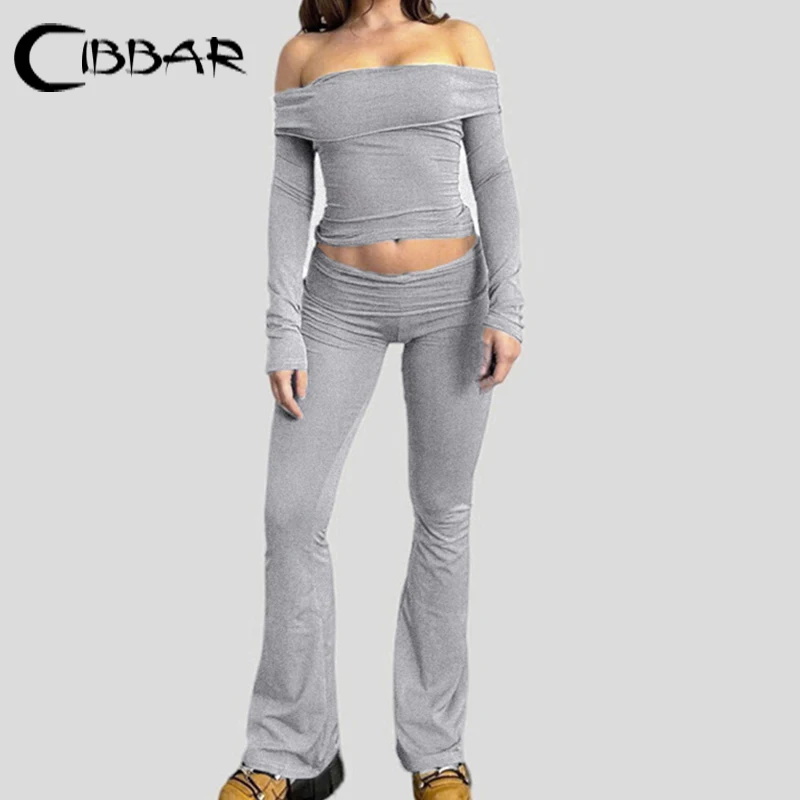 CIBBAR Casual Solid Fitness Pants Two Piece Sets Women Off-shoulder Tube Crop Top And Low Rise Jogging Pants Matching Suits Lady