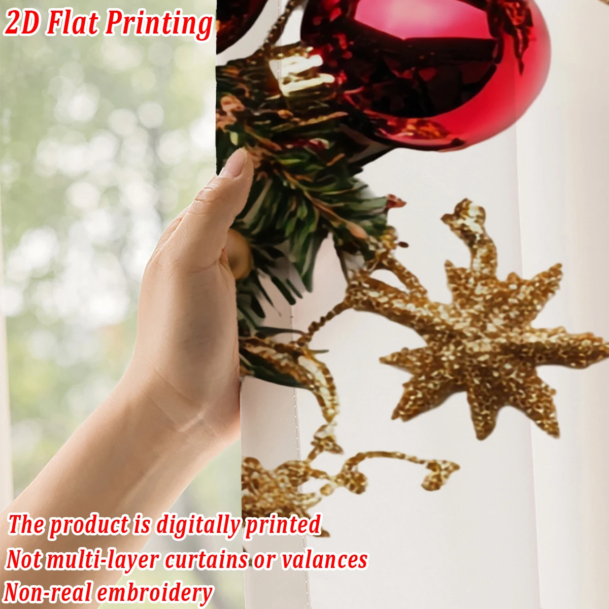 Christmas Flat Printing Sheer Curtain with Christmas Ball Pinecone Ornament Berry for Living Room Bedroom Decor Holiday Party
