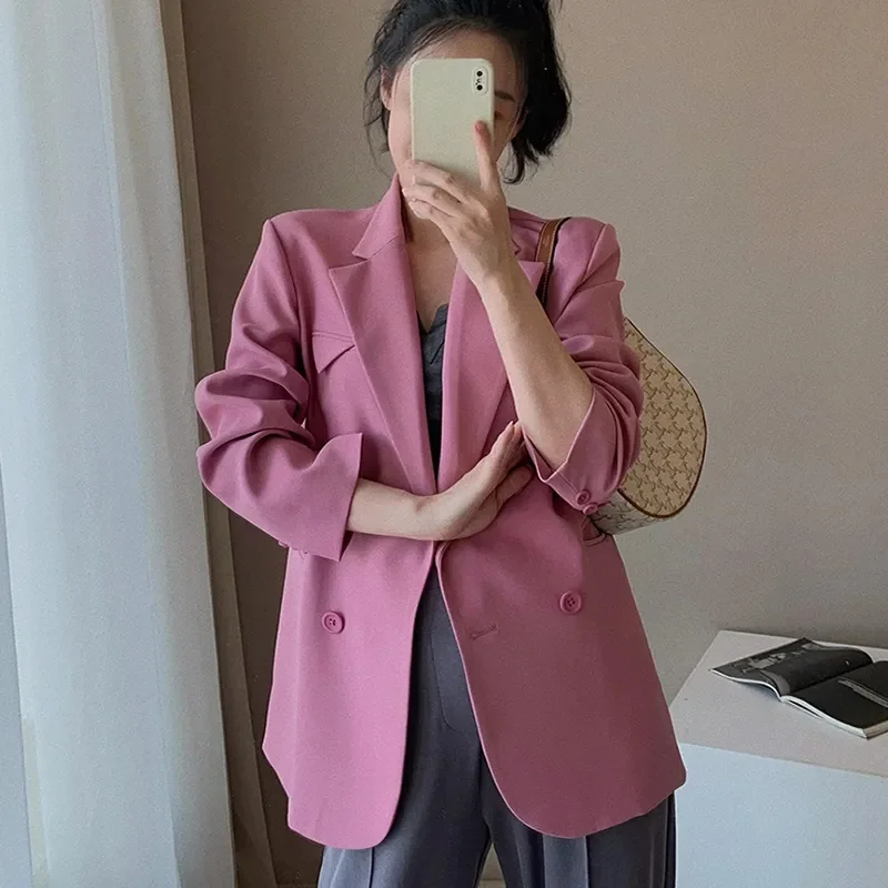 2025 Spring Women's Suit Blazer Long Sleeve Double Breatsed Lapel Loose Coat Slim Casual Jackets Office Ladies Vintage Clothing