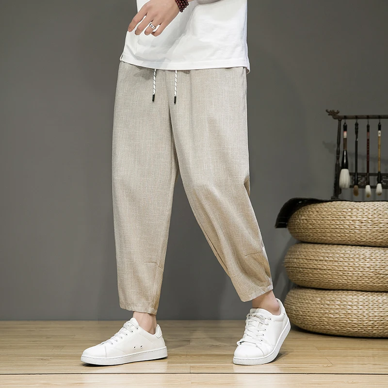 

Мужские летние тонкие брюки из льняной ткани с эффектом прохлады, свободные, прямого кроя, в стиле Harlan, повседневные, с эластичным поясом