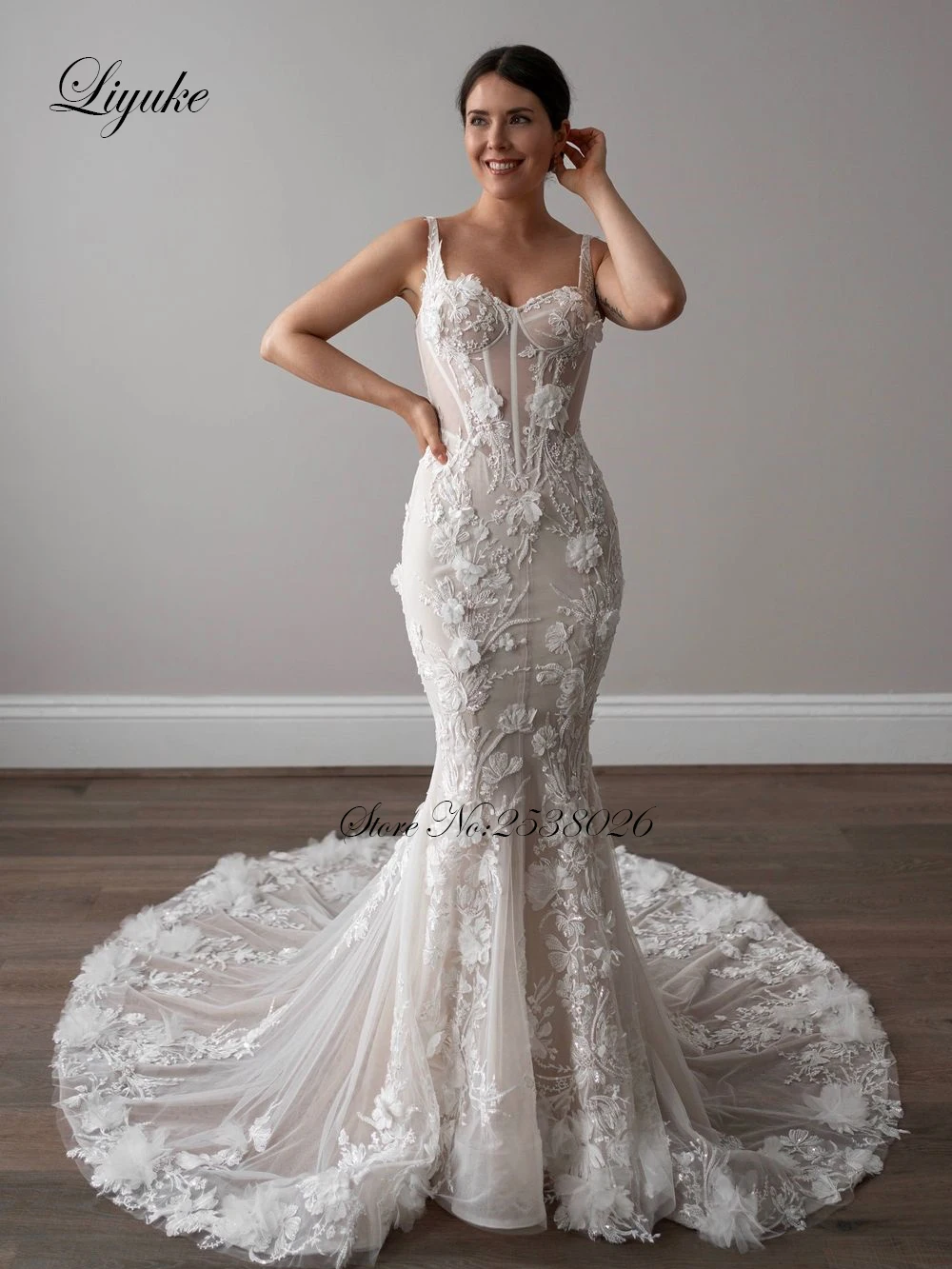 Liyuke Customize Alluring Beading 3D Appliques Flowers Mermaid Wedding Dresses Romantic Spaghetti Straps Sweetheart Bridal Gowns