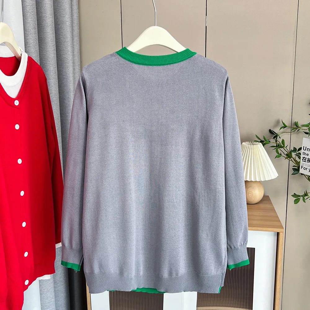 2024 Spring New Plus Size Women\'s Sweater Color Contrast Fake Two Pieces Pullover Knitwear Female 2354