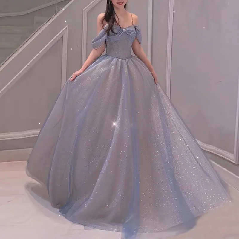 

Elegant Spaghetti Strap Prom Dress Off The Shoulder Sexy Shiny Sequins Beading Backless Bandage Banquet Pageant Formal Gowns New