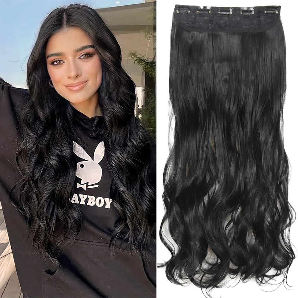 Synthetic Long Wavy 5 Clips Hair Extensions 22Inch Clip On Hair Extensions High Tempreture Fake Hair For Women Hairstyle