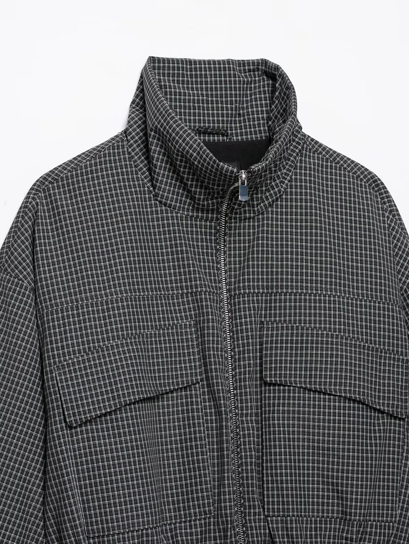 TFMLN Karierte Stehkragenjacke für Damen, kurze Baumwolljacke mit Kordelzug in der Taille, Taschen, locker geschnittene Langarm-Oberbekleidung, neu. – Detail 6