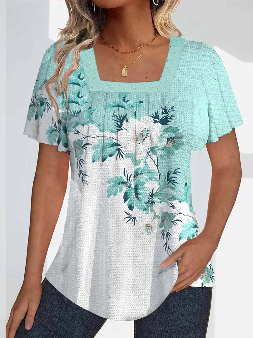 

Plus Size Women Short Sleeve U-neck Floral Printed Graphic Tops