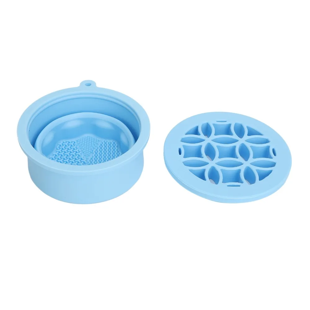 2 In 1 Integrated Makeup Brush Cleaning Mat Foldable Space Saving Style Blue Silicone Cosmetic Brush Cleaner Bowl