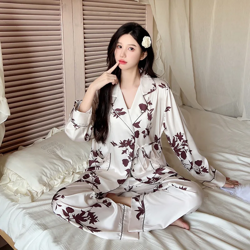 Elegante Ijs Zijde Pyjama Dames Lente En Herfst Nobele Vest Veteraan Sets Ijs Zijde Zoete Hoge Kwaliteit Print Pyjama Sets Pj