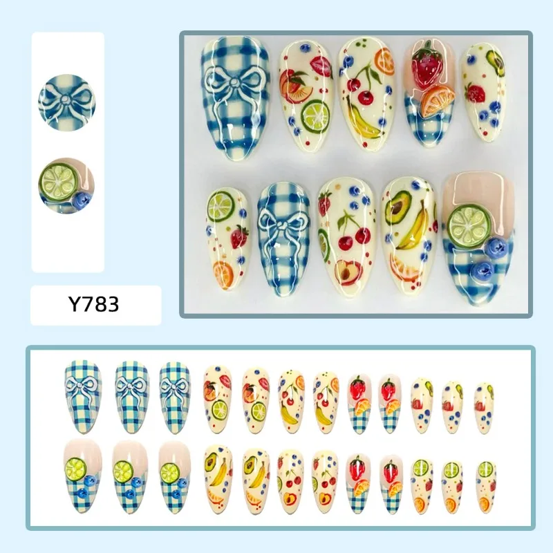 24PCS Summer Fruit Almond Press on Nails Sweet Blue Plaid Bow French False Nails Cute Cherry Lemon Wearable Manicure Fake Nails