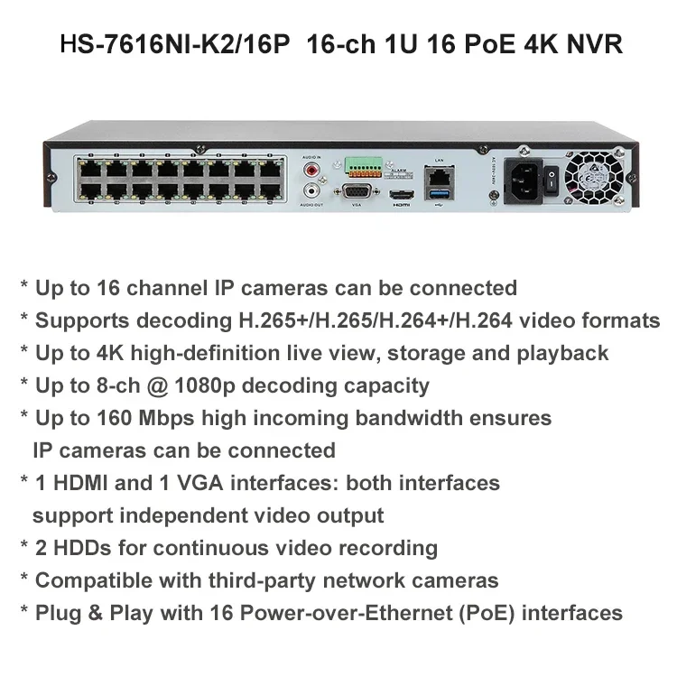 Original Hik 4K 8mp 2 SATA h.265 POE 16 Channel AI NVR 16ch Plug and Play Network Video RecorderLocal stock