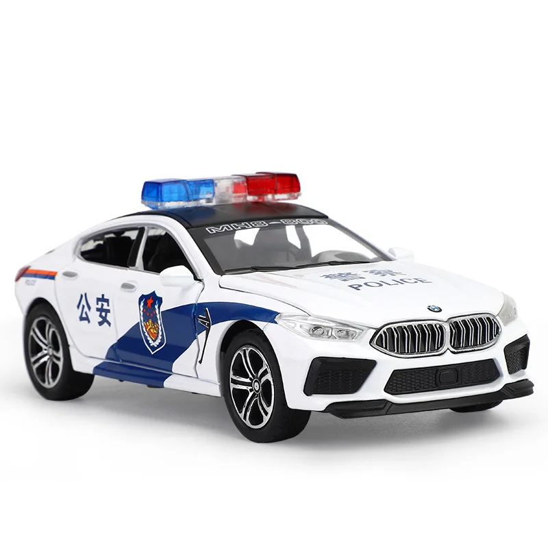 1:32 BMW M8 Police Car Model Decoration Simulation Alloy Car Model Model Sound Light Toy Pull Back Car Children Gifts