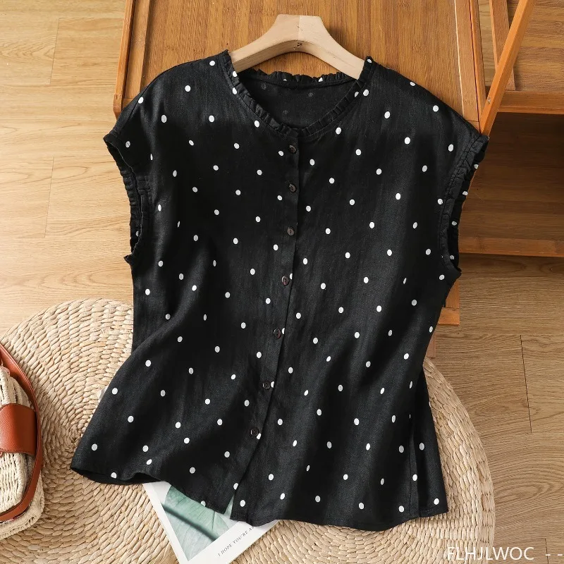 Coton lin chemises courtes mignon été corée Chic hauts Blusas FLHJLWOC Design Preppy Style filles femmes champignon volants Blouses