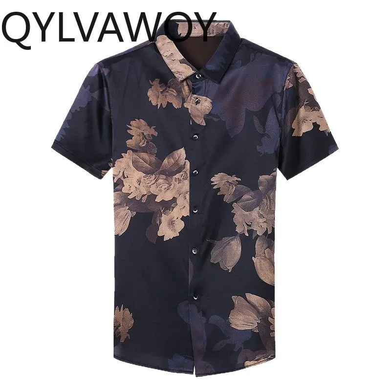 

QYLVAWOY Thin Men's Shirts 92.4% Real Mulberry Silk Shirts Summer Tops Short Sleeve Comfortable Printed Shirts for Men Business