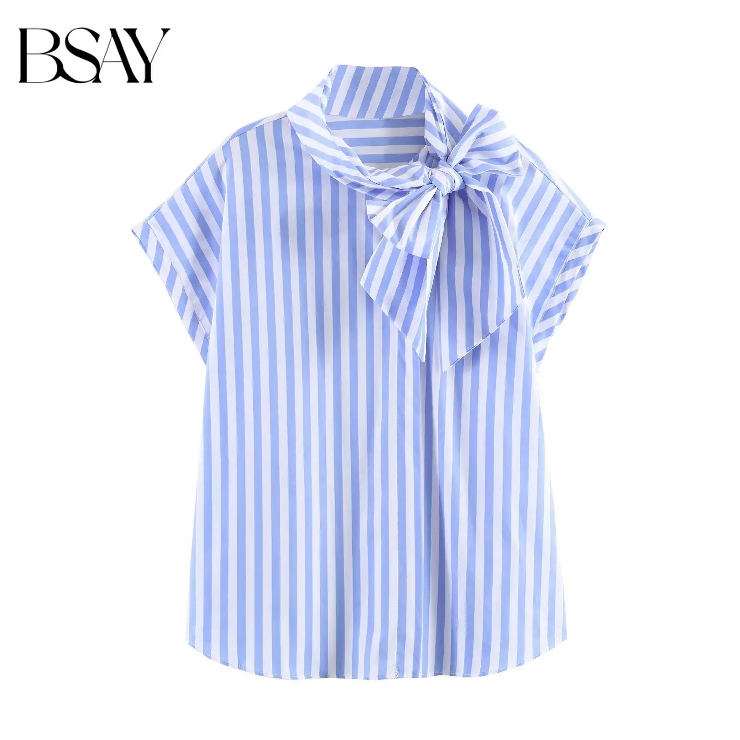 BSAY Damen Bluse mit großer Schleife und Streifenmuster, Sommer 2026 Neu, Lässige lockere Kurzarm-Bluse, Streetwear, Schicke Damen-Oberteile, Mujer