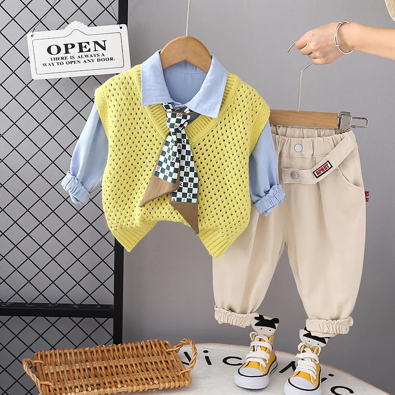 Boys Clothes Sets Spring Autumn Children Knitted Vest Tie Shirts Pants 3pcs Party Suit For Baby Costume Kids Fashion Outfits 6Y