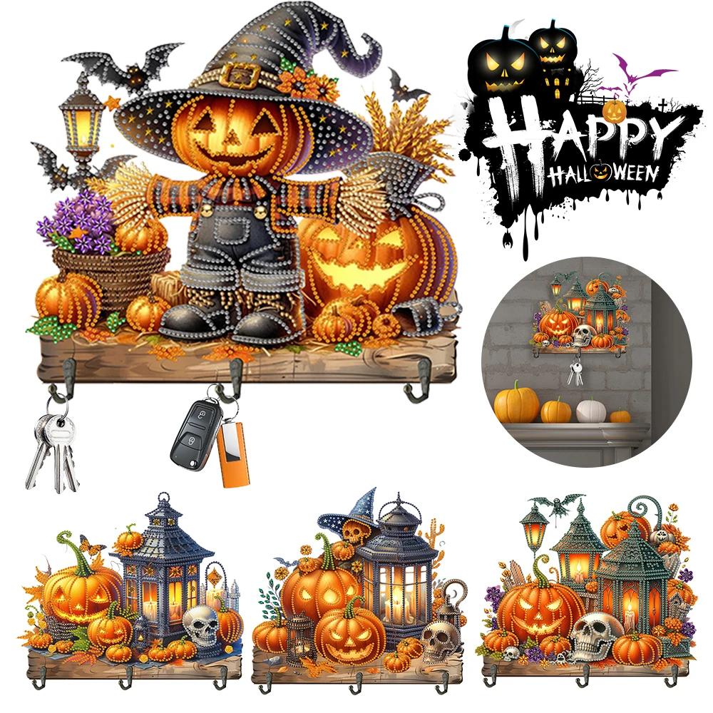 Halloween Decoration Wooden Special Shape Scarecrow Pumpkin Rhinestone Painting Coat Hook DIY Diamond Painting Art Hooks Decor