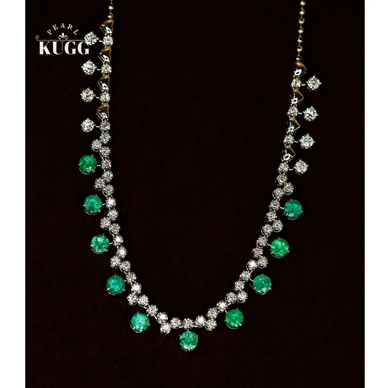 KUGG 100% 18K White Gold Necklace Luxury Diamond Jewelry Elegant Style Natural Emerald Necklace for Women Senior Banquet