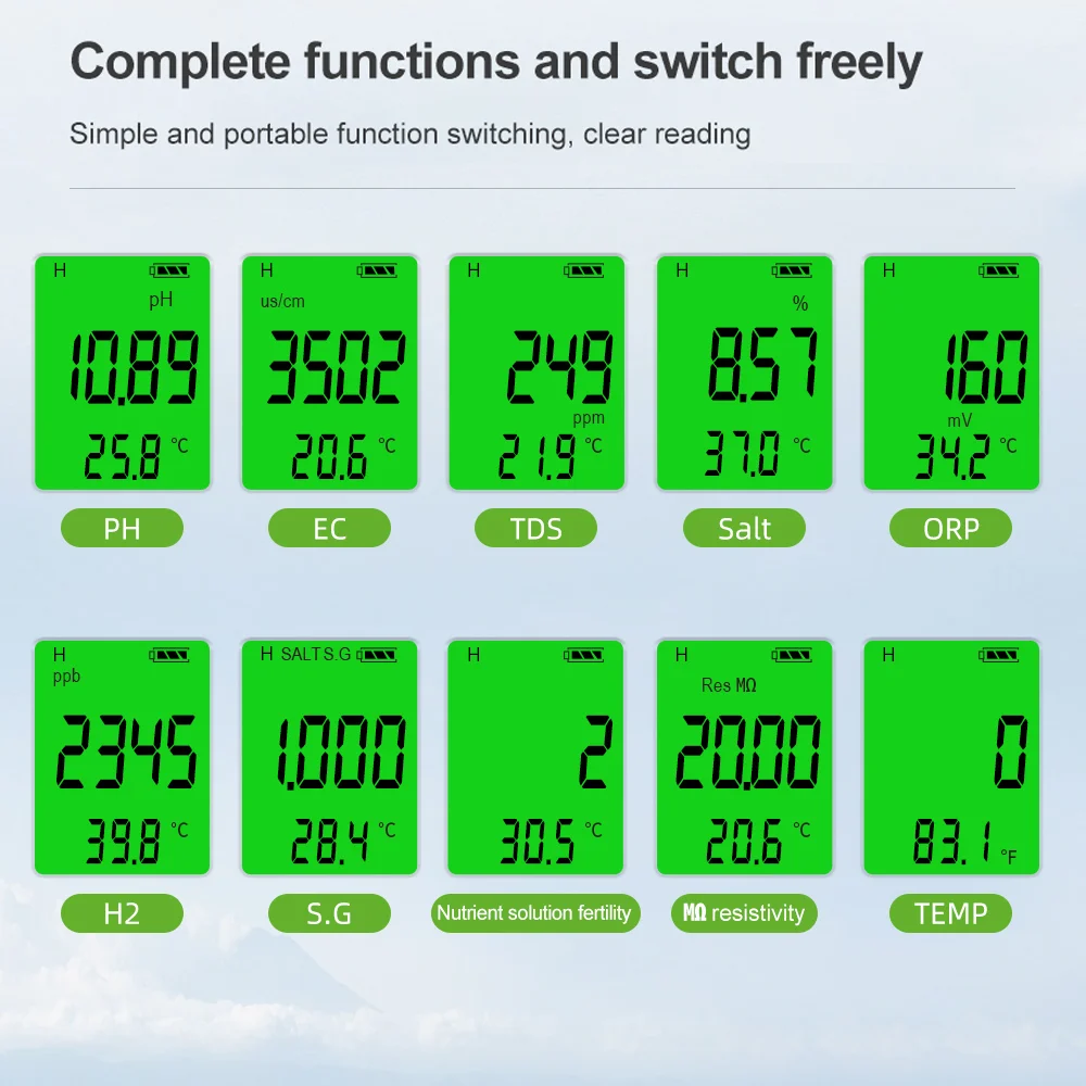 5 in1/ 7 in1/ 10 in1 Multifunction Water Quality Monitor PH/TDS/EC/ORP/Salinity/S.G/TEMP/H2/Fertile/Resistivity PH Meter 1 pcs