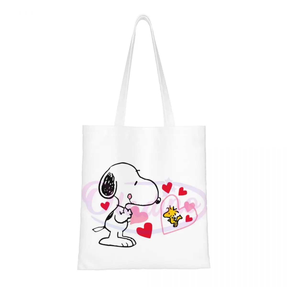 Custom Cute Snoopy Love Woodstock Grocery Shopping Bag Printing Canvas Shopper Shoulder Tote Bag Large Capacity Portable Handbag