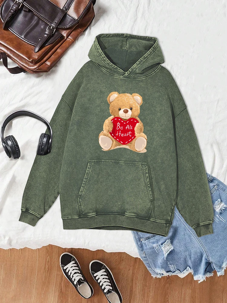 Be All Heart And Cartoon Bear Printing Washed Hoody Men Cotton Loose Hoodies Autumn Street Male Tops Fashion Casual Hoodie 