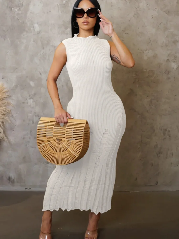 

RT Casual Women Long Knitted Dresses Sleeveless Crocheted Dress Solid Pattern Crochet Dress