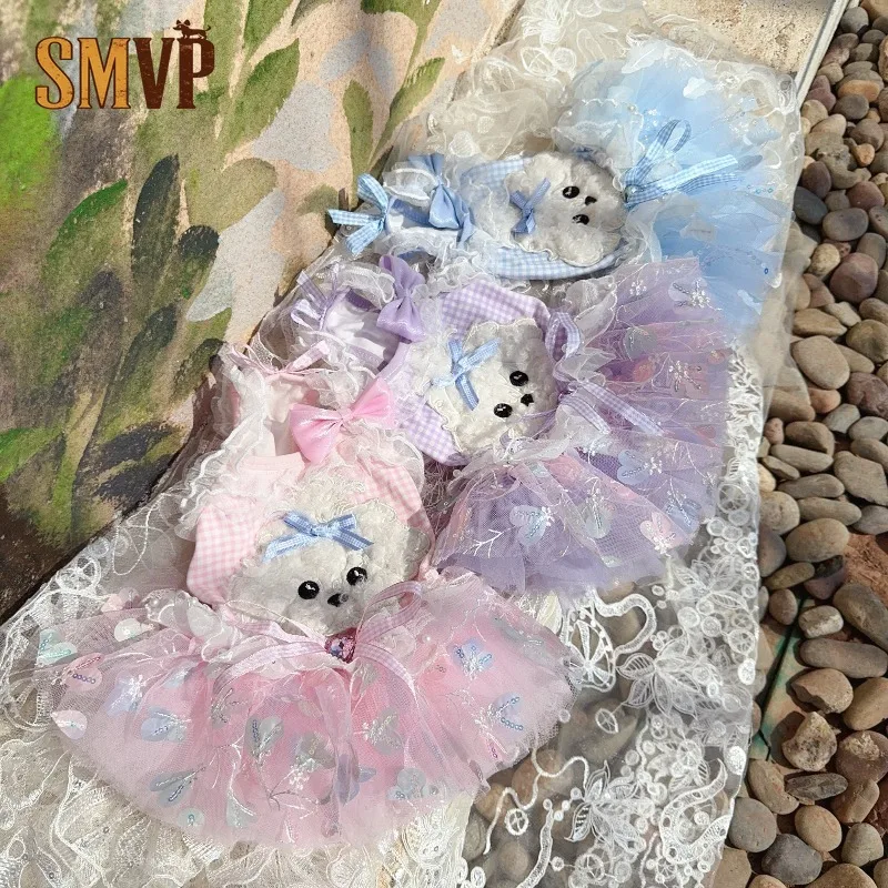 Plaid Pet Halter Tutu Dress Cute Cartoon Appliqué Lace Bow Floral Tulle Dress Lightweight Breathable Daily Photo Party Outfit