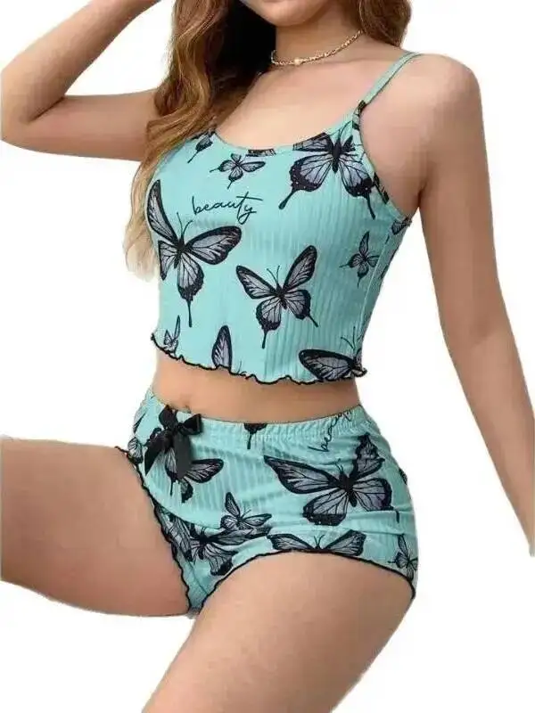 

Casaul Pure Desire Shorts Sets For Women New Butterfly Printed Homewear Ribbed Backless Deep V Sleeveless Shorts Sets LWLI