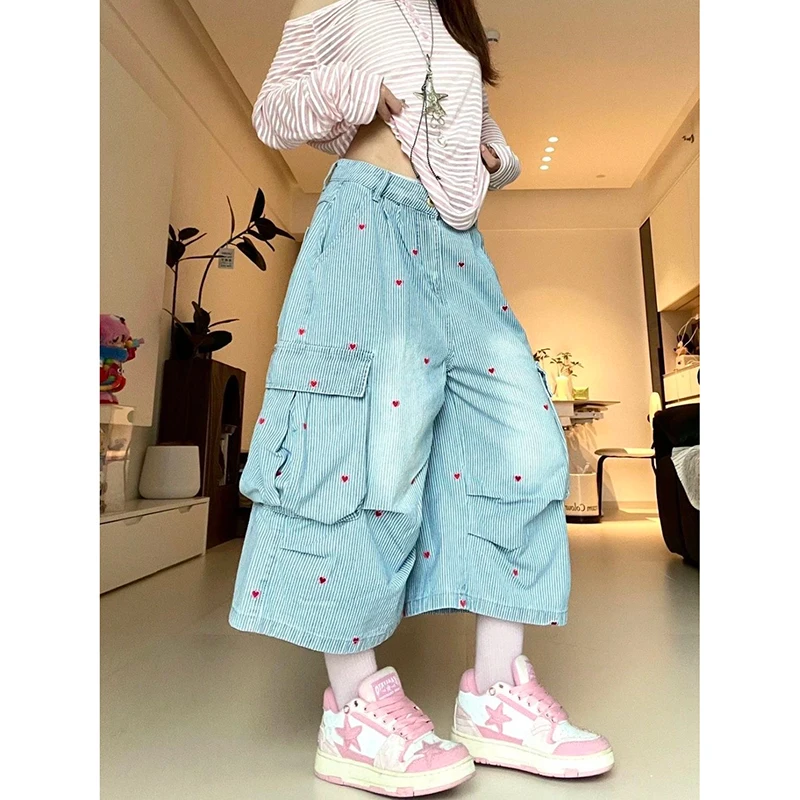 

Уличная одежда с несколькими карманами в стиле Харадзюку, свободные джинсы с высокой талией, брюки Y2K в стиле ретро, женские винтажные светло-голубые джинсовые брюки