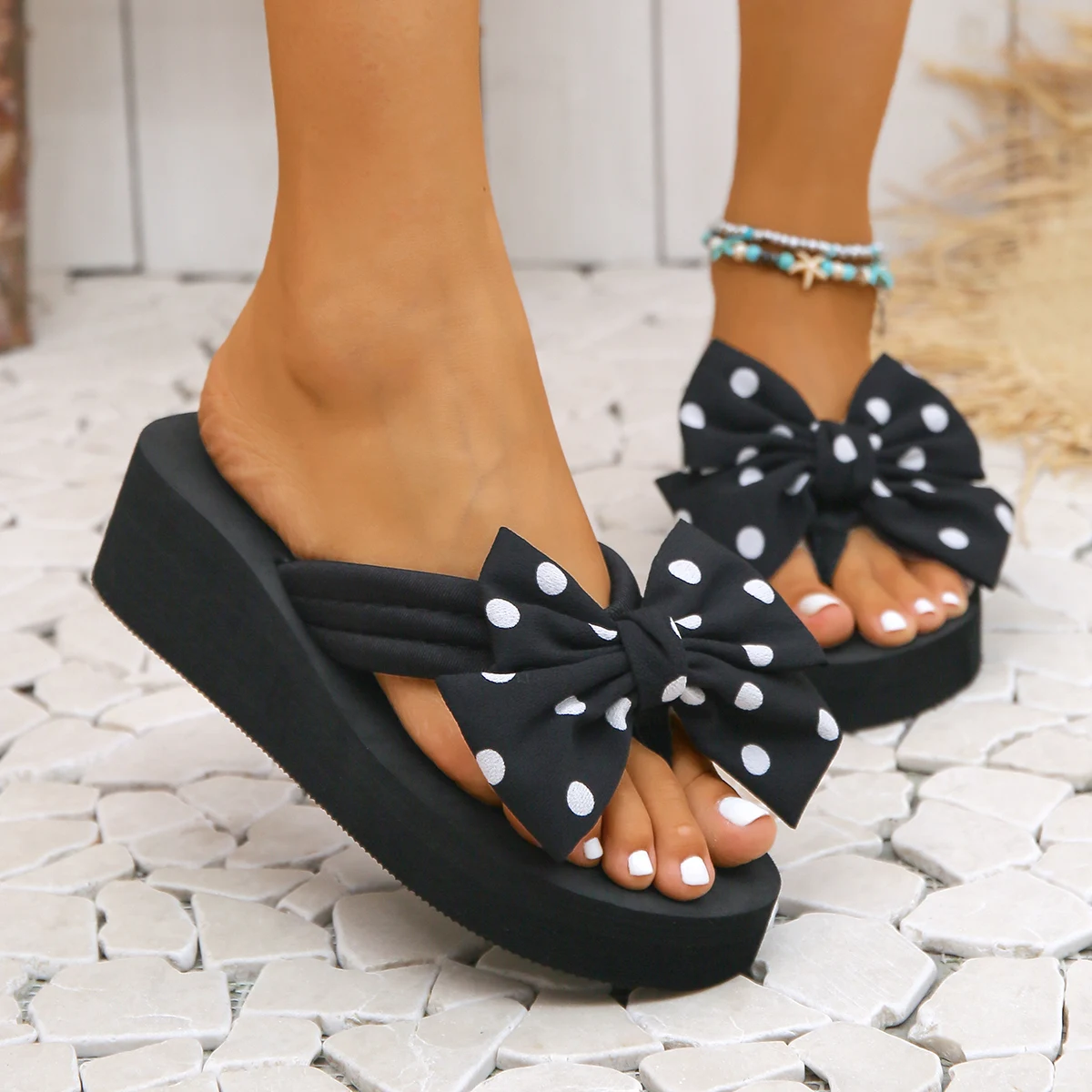 5cm Polka Dot Schleife Elegante Flip-Flops für Damen – Detail 1