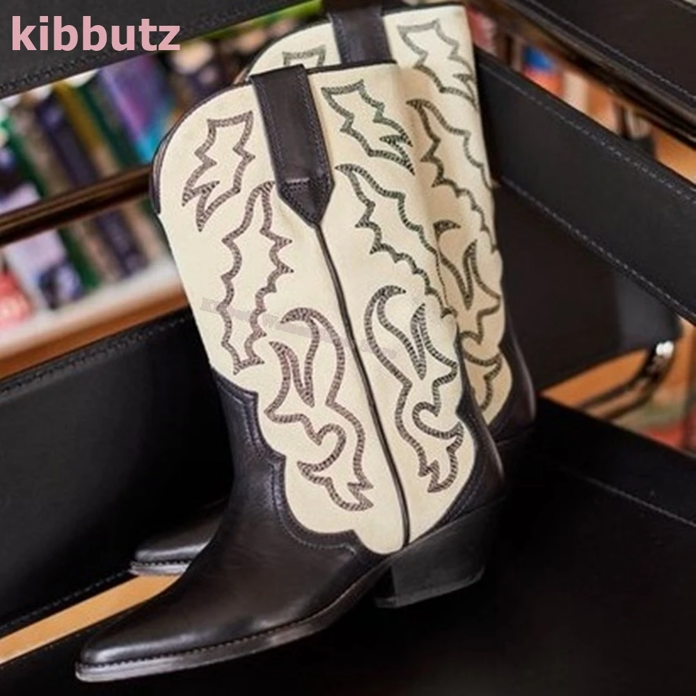 

Chelsea Cowboy Boots Mid-Calf Pointy Toe Chunky Heel Printed Runway Party Autumn Shoes for Women Retro Sexy Fashion Sexy Concise