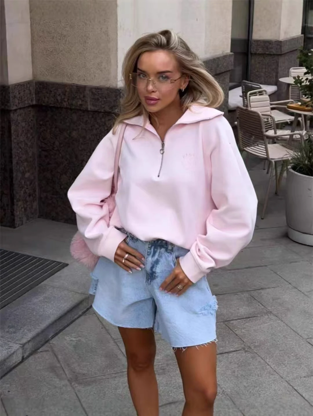 

Laxsesu 2025 New Arrival All-Season 100% Cotton Pink Stylish Oversized Lapel 1/4-Zip Long-Sleeve Pullover