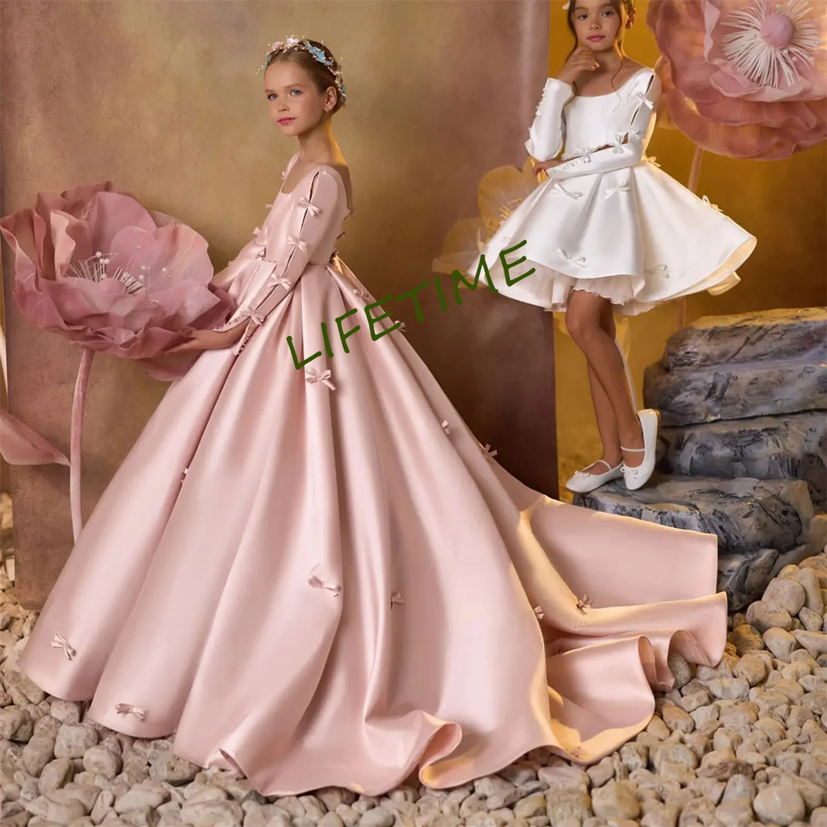 Vestidos personalizados de lujo de satén rosa para niña, vestidos de manga larga con cuello cuadrado para niños, vestido de fiesta de boda, cumpleaños y vacaciones 2024