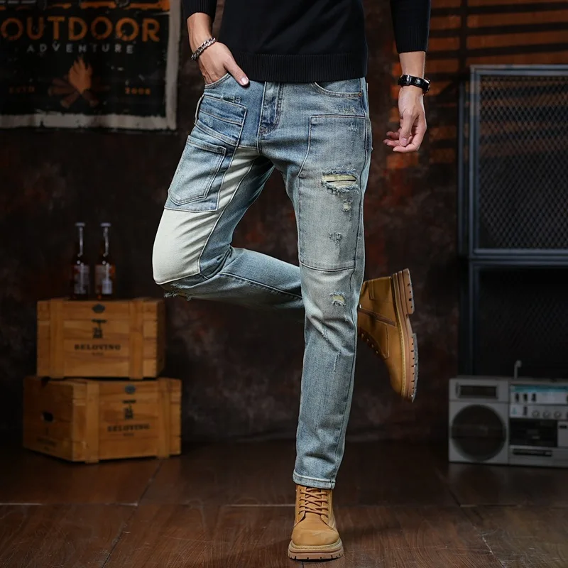 

Модные брендовые рваные мужские джинсы в стиле пэчворк с несколькими карманами, облегающие брюки в винтажном американском стиле, маленькие прямые брюки по индивидуальному заказу