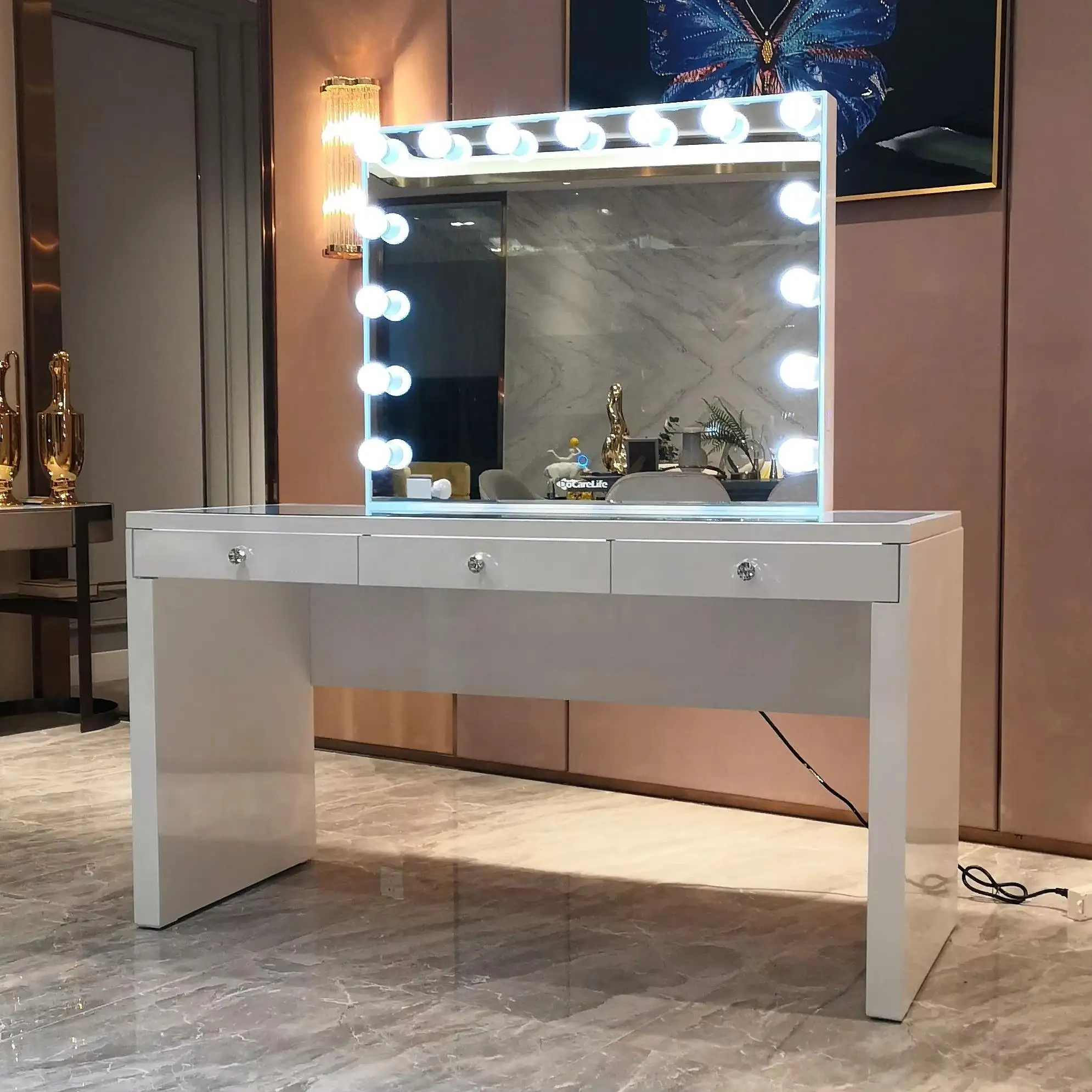 @#Luxury LED Lighted Vanity Table with USB Port & 3 Drawers - Modern Dressing Table for Bedroom Hotel Furniture