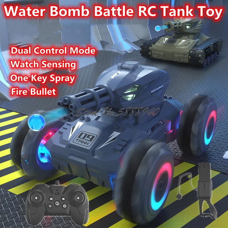 Water Bomb Battle RC Tank Dual Control Mode Watch Sensing One Key Spray Fire Bullet Auto DEMO 4WD Off Road Mecha Racing Car Toy