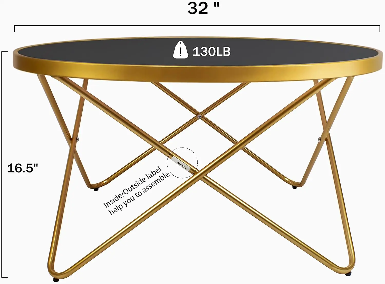 Modern Round Glass Coffee Table with Gold Cross Metal Frame,32