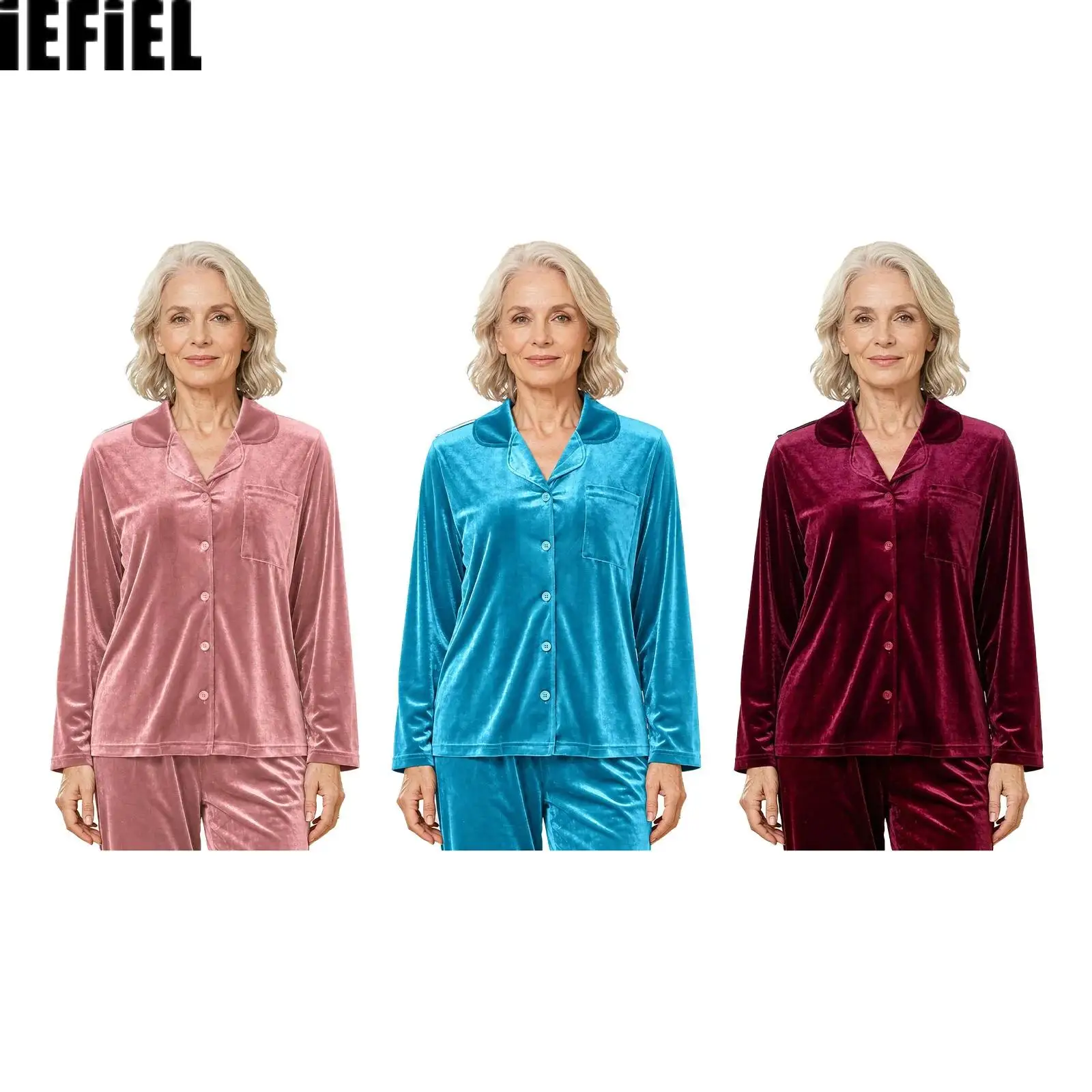 Camisa de pijama de terciopelo con espalda descubierta para mujer, con solapa con muescas, manga larga, botones a presión en los hombros y cierre con botones.