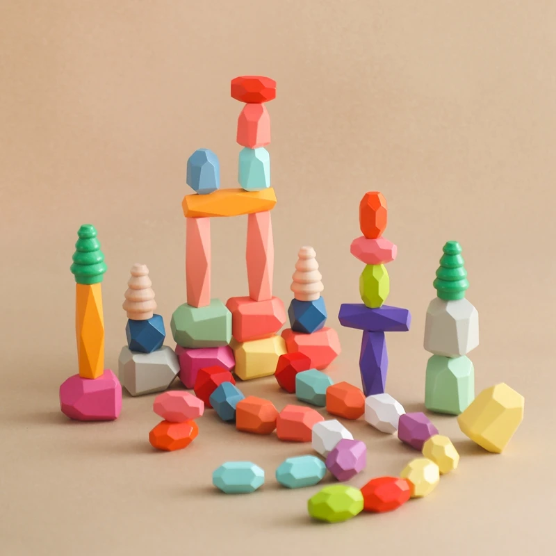 Wood Rainbow Stones Block Montessori Educational Toy Children Colorful Wooden Building Block Rainbow Stacker Balancing Stone Toy