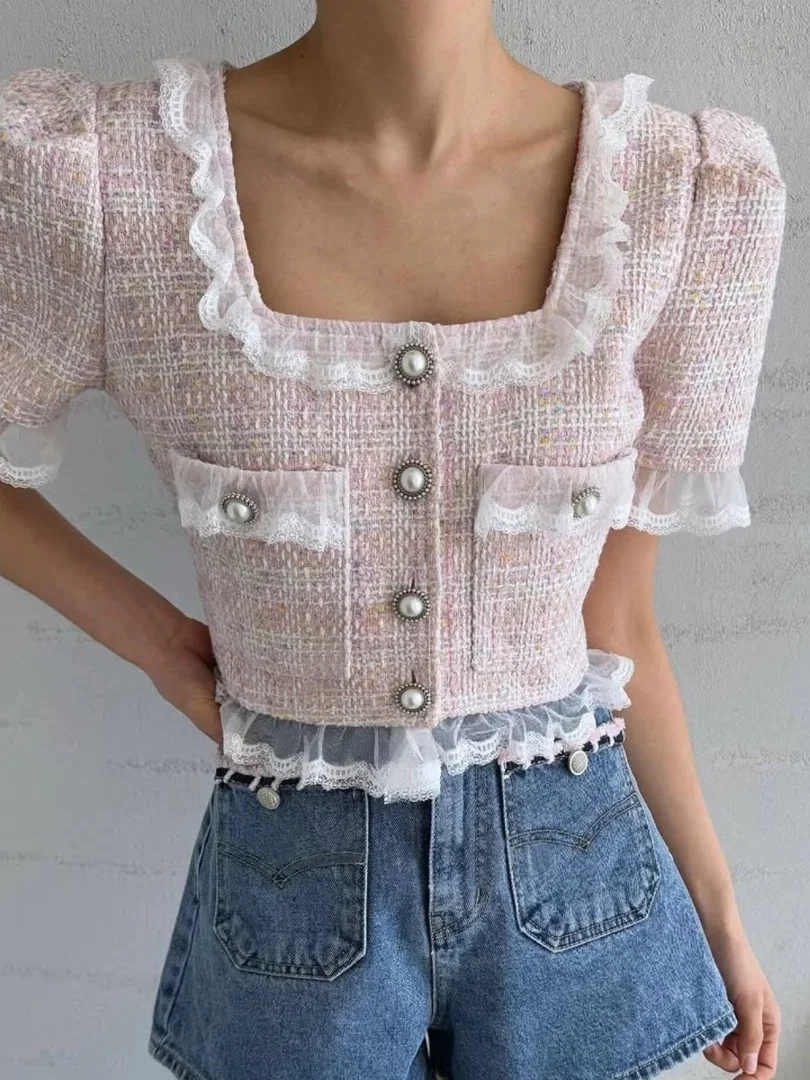 

Ort с кружевной отделкой и квадратным воротником в стиле пэчворк, женский корейский топ в стиле ретро, летний топ Faion Sensation